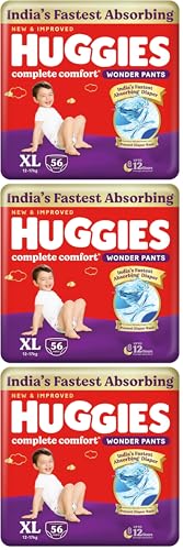 Image of Huggies Complete Comfort Wonder Pants | Pant Style Baby Diapers Extra Large Size (XL), 56 Count | India's Fastest Absorbing Diaper, Prevents Diaper Rash, Ideal for 12 to 17 Kgs (Pack of 3)