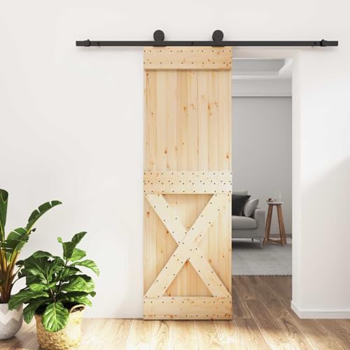 Image of LoogCape Sliding Door Made of Solid Pine Wood Natural Oiled 70 x 210 cm with Powder-Coated Steel Rail for Interior and Room Divider