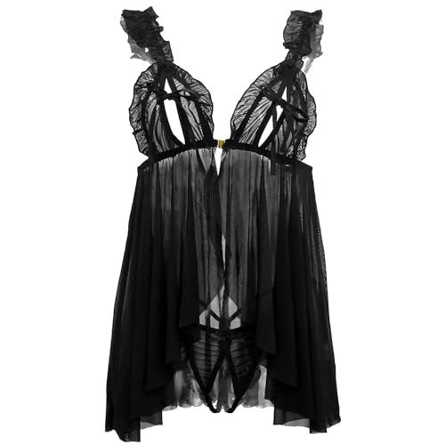 mini kitty Lingerie Sets Sexy for Women Nightwear Babydoll Mesh Nightwear Chemise Sleepwear Underwear Teddy Nightgown Negligee with Thong, Black