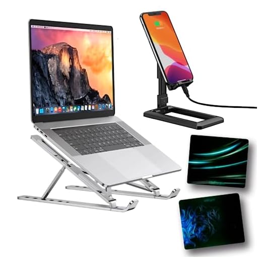 Kit Suporte compacto para Notebook,MacBook ajustável em alumínio, ergonômico e dobravel.Leve e resistente. Almofadas de silicone. Evita superaquecimento. + 1 mouse pad + 1 Suporte de Celular MyNest®