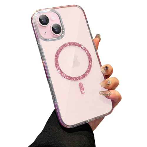 Image of VONZEE Compatible for iPhone 13 6.1'' Back Case Glitter Ring Cute Shiny Colorful Bling Case (Compatible with Magsafe) Transparent PC+TPU Glossy Shiny Cover for Girls Women,Pink
