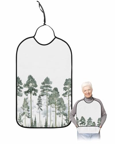 Adult Bibs for Eating, Watercolor Green Forest Nature Ink Painting Washable Elderly Adult Bibs for Men Women Large Reusable Adjustable Clothing Protector with Optional Crumb Catcher