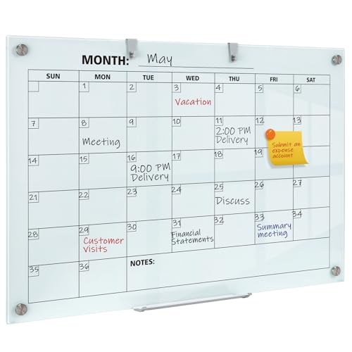 Glass-Dry-Erase-Calendar-for-Wall-36-x-24-Inches-Magnetic-Glass-Calendar-Whiteboard-3-x-2-Frameless-Monthly-Planner-Board-for-Office-Home-School Glass Dry Erase Calendar for Wall, 36 x 24 Inches Magnetic Glass Calendar Whiteboard, 3' x 2' Frameless Monthly Planner Board for Office, Home, School - Image 1