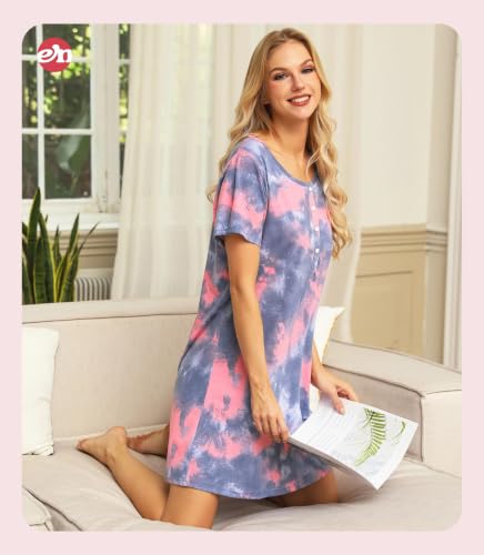 Image of ENJOYNIGHT Women Cotton Nightgown Tie Dye Nightshirt Nursing Sleepshirt