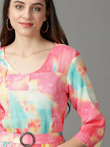 Image of SHOWOFFFF Women Colourblocked Fit and Flare Casual Dress | Round Neck 3 /4th Sleeves Cotton Dress for Womens | Midi Dress for Women's