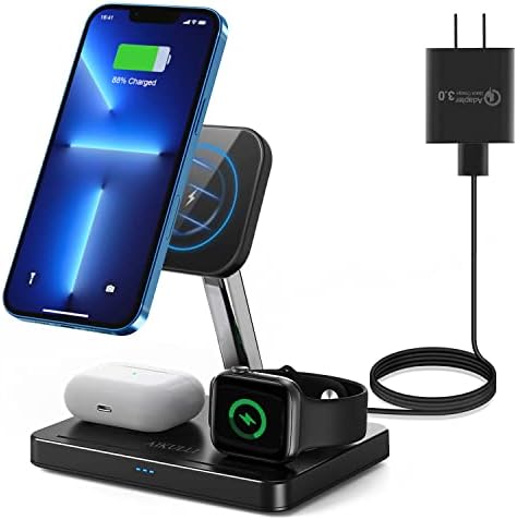 3 in 1 Wireless Charging Station for Apple Devices,Compatible with Magsafe Magnetic Wireless Charger Stand iPhone 14,13,12 Pro/Pro Max/Plus/Mini,iWatch 8/7/6/5/4/3/2/SE,AirPods 3/Pro/2