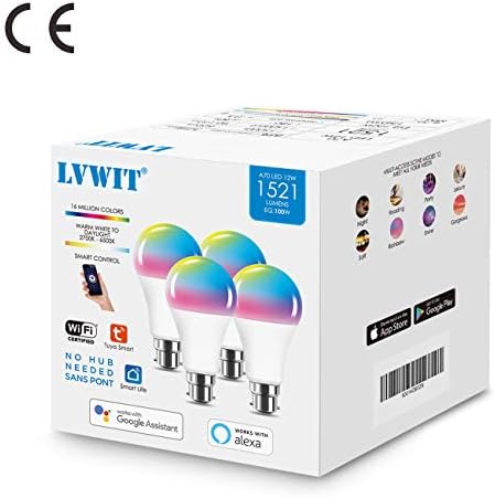 LVWIT B22 Bayonet WiFi LED Bulb,1521Lm,Tuya Smart Bulb B22 ,12W Replace 100 Watt, RGB WiFi Bulb,Compatible with Alexa Echo and Google Assistant ,Dimmed WiFi Bulbs, Smart Life APP ( 4pcs)