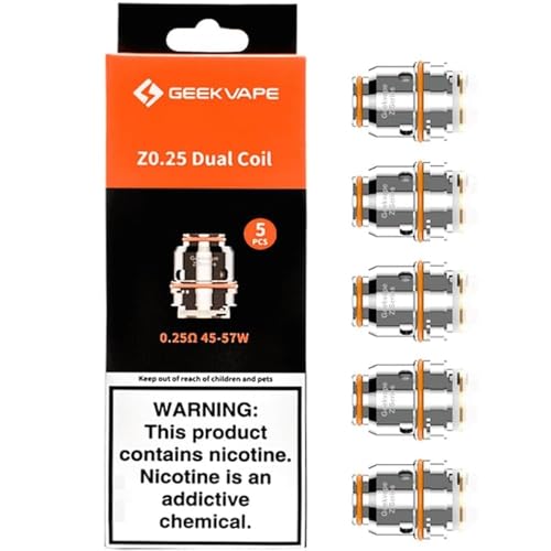GEEKVAPE Z Replacement Coils 0.25 Ohm, No Nicotine, Improved Performance, Smooth Airflow, Great Flavor, Silver, 5 Pack
