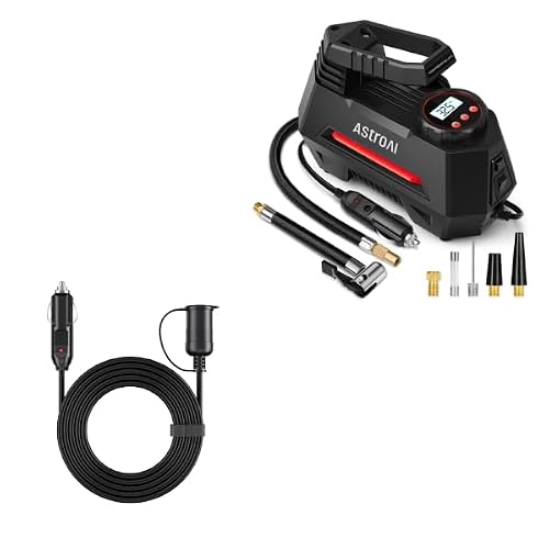 AstroAI Air Compressor Tire Inflator Red and Cigarette Lighter Extension Cord 12FT Bundle