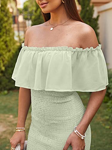 Berrygo Women's Formal Maternity Off The Shoulder Ruffle Bodycon Midi Dress Elegant Smocked Bridesmaid Wedding Guest Dress For Photoshoot Light Green,S #TOP4