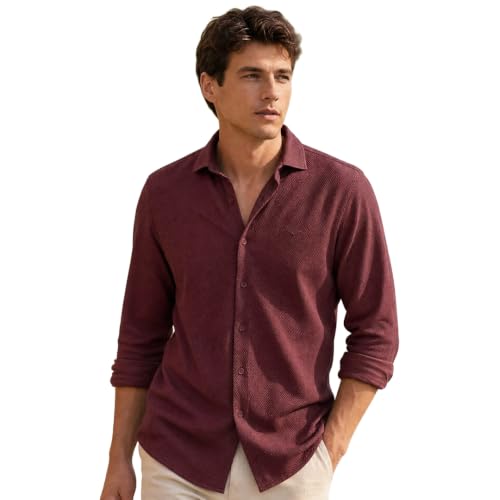 Image of Nobero Textured Popcorn Shirt for Men | Cotton Shirts for Men in 280 GSM Popcorn Knit | Stand Collar | Regular Fit | Full Sleeve