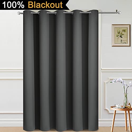 Image of Yakamok Dark Grey Blackout Patio Door Curtain Panels W70 x L84, 1 Panel | Noise Reducing Barrier Panel for Sliding Glass Door, 2 Thick Layers Heat Full Light Blocking Patio Door Drapery