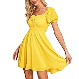 Byinns Women's Sweetheart Neckline Dress Smocked Sundress Puff Short Sleeve Drawstring Dresses Yellow