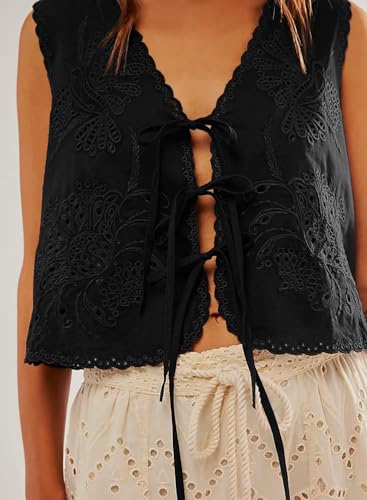 Women's Tie Front Vest Sleeveless Hollow Out Floral Embroidery Tank Crop Open Front Tie Tops2