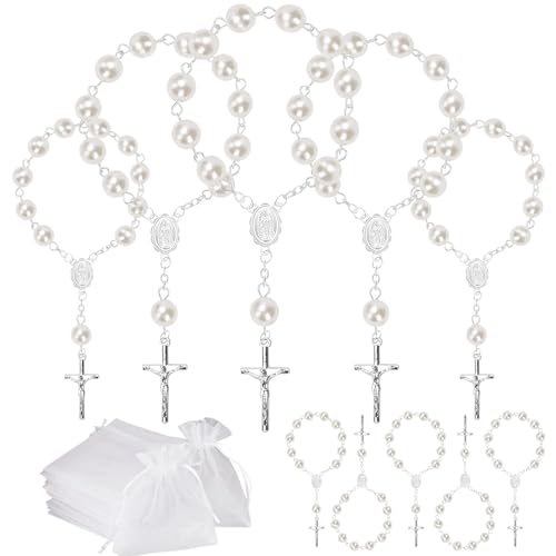 PJPSAA 10 Set Baptism Party Favors Mini Rosary Beads Faux Pearls with Organza Bags for Christening Weddings First Communion Party Favors