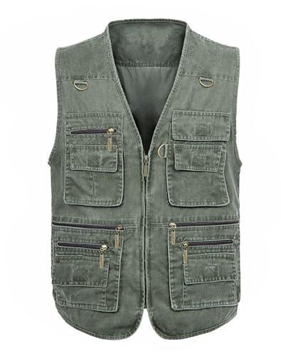 Nexstone Colete masculino leve, utilitário, de pesca, gola V, safári, fotógrafo, Verde militar, M