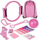 Pilates Kit for Home Workouts for Women-12-Piece Equipment Set with Ring,Yoga Ball,5 Resistance Bands,Figure-8 Band,Arm Stretcher,Grippy Socks,Storage Bag for Toning,Strength & Flexibility (Pink)