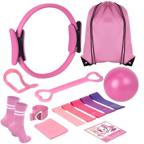 Pilates Kit for Home Workouts for Women-12-Piece Equipment Set with Ring,Yoga Ball,5 Resistance Bands,Figure-8 Band,Arm Stretcher,Grippy Socks,Storage Bag for Toning,Strength & Flexibility (Pink)