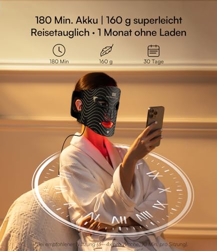 INIA LED Maske Gesicht – LED Gesichtsmaske Lichttherapie mit 4 Modi, 850 nm NIR, rote und blaue, 220 Perlen Red Light Therapy Face Mask, Aufladbar Rotlicht Maske Gesicht (2600 mAh) für Anti-Aging