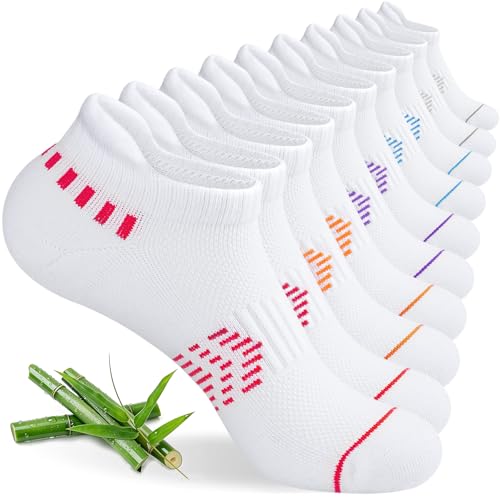 floconssy Ankle Socks for Women, Bamboo Viscose White Cushioned Running Socks Low Cut Athletic Short Footies with Heel Tab 5 Pairs Size 10-12