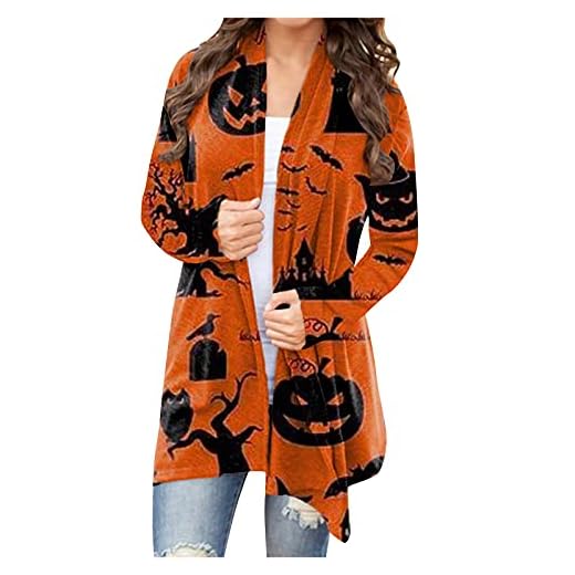 NAQUSHA Dam Halloween långärmad kofta med öppen framdel höst fritid rolig söt pumpa svart katt spöke lätt rock ytterkläder sweatshirts nattjacka, apelsin, M