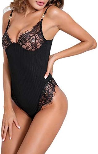 Dlsave Slutty Lace Eyelash Bodysuit for Women Sexy Teddy Lingerie Naughty Negligee Black Bodysuit