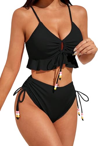Women's 2 Piece Tankini Set Ruffle Hem Drawstring High Waisted Cut Out Tie Front Crisscross Halter Bathing Suit