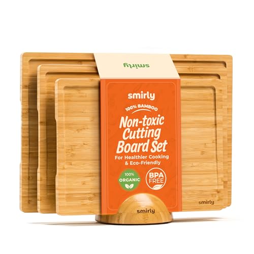 SMIRLY Wooden Cutting Boards for Kitchen Meal Prep & Serving - Bamboo Cutting Board Set with Holder, Charcuterie & Chopping Board, Wood Cutting Board Set, Kitchen Gadgets