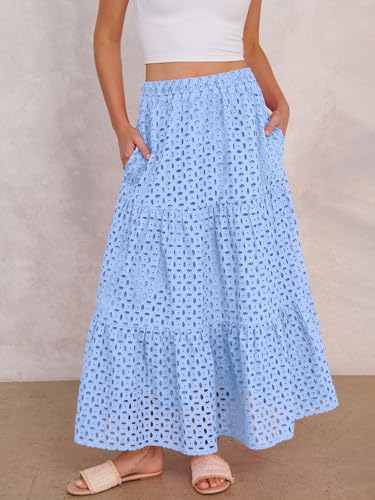 ANRABESS Maxi Skirts for Women Boho Tiered Eyelet Elastic High Waist A-Line Summer Casual Flowy Beach Vacation Long Skirt2