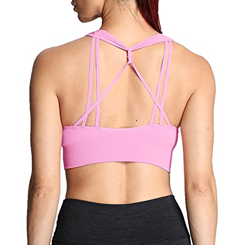 Aoxjox Women's Workout Ribbed Seamless Sports Bras Fitness Running Yoga Crop Tank Top (Pink, Medium)