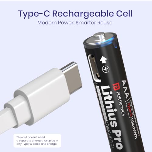 Image of Portronics AAA Lithius Pro Type C Rechargeable Batteries, Pack of 2, Lithium Ion Cell Composition, Upto 542mAh Capacity, Low Self Discharge, No Separate Charger Required (Black)