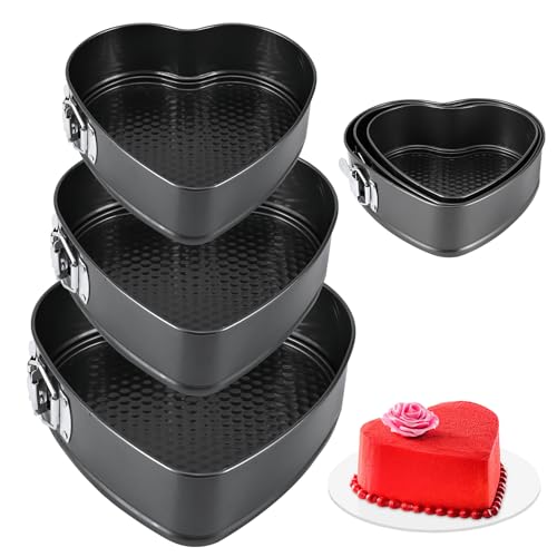 Tryora Juego de 3 moldes antiadherentes en forma de corazón para hornear, moldes de pastel con forma de corazón para hornear, molde de tartas con parte inferior extraíble para pasteles y tartas de