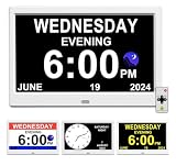 Reloj despertador digital extra grande con visión deteriorada con día y hora para ancianos, blanco)