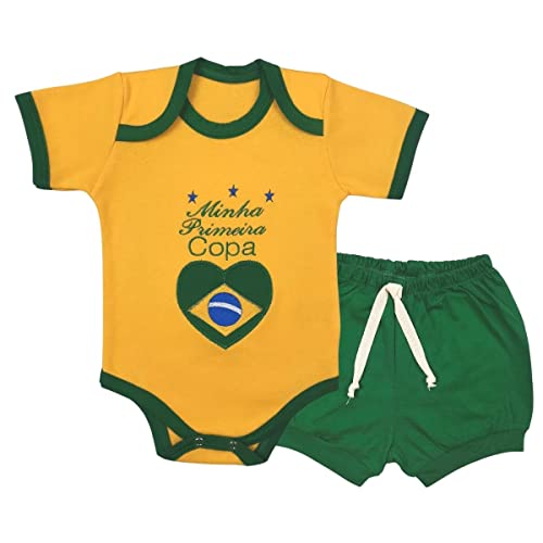 Conjunto Roupa Bebê Menino Menina Body Copa Brasil e Short Tapa Fralda Cor:Amarelo;Tamanho:P