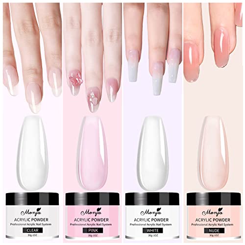 Monja Acrylic False Nail Powders 4 Solid Colors Kit, Acrylic Nail Powder Professional Acrylic Nail System, Acrylic Polymer Powder Nail Extension Carving No Need Nail Lamp Clear Nude Pink White 1Oz #TOP3
