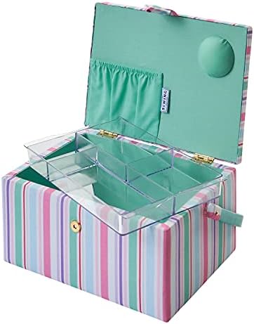 Sewing Online Medium Sewing Box,Multicolour Stripe Fabric | 26 x 18 x 15cm | Storage and Organiser Basket with Compartments for Sewing Supplies,Accessories,Thread,Needles,and Scissors - GA1122M
