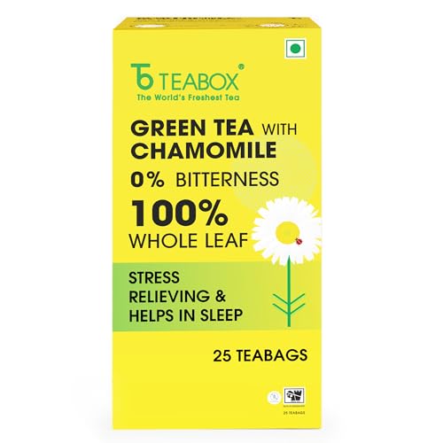 Teabox Chamomile Green Tea 25 Tea Bags | With Egyptian Chamomile Flowers & Whole Leaf Green Tea | Calming Blend for Relaxation & Sleep | Low Caffeine, Fresh & Aromatic