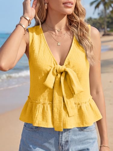 Cicy Bell Womens Babydoll Tank Tops V Neck Bow Tie Front Sleeveless Summer Shirts Sexy Peplum Flowy Flared Tops Yellow — view 2