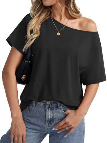 Womens Cotton Off The Shoulder Tops Oversized Short Sleeve T-Shirts Casual Summer Tees Trendy Clothes 20252
