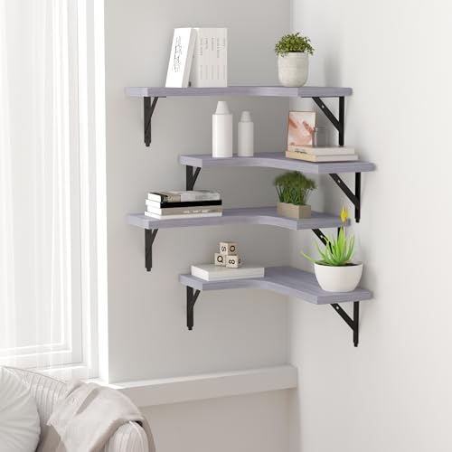 Image of ROMGUAR CRAFT Corner Floating Shelves Wall Mounted Set of 4, Rustic Wood Storage Display Shelves for Home Decor, Bathroom, Kitchen, Bedroom, Living Room, Office (Light Grey)