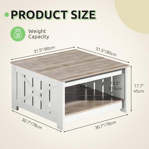 GOOBED Farmhouse Sqare Coffee Tables for Living Room with Storage, Grey Wash Coffee Table 2 Tier Spaciou Storage Shelf, Modern Center Table Small Coffee Tables, Grey Wash