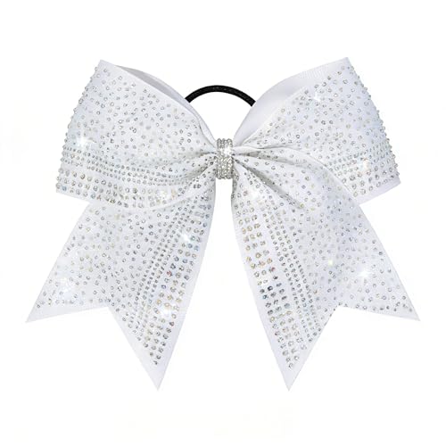 8 Large Glitter Cheer Bows Rhinestones Cheer Hair Bow Cheerleading Bow with Ponytail Holders Colorful Shimmer Shiny Hair Tie Elastic Hair Band for Cheerleaders College Sports (White)