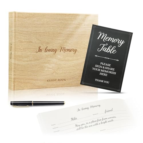 Image of Funeral Guest Book for Memorial Service - Leather Memory Book for Funeral Guests to Sign in with Condolence Memory Table Sign & Back Pocket(Trailwood)