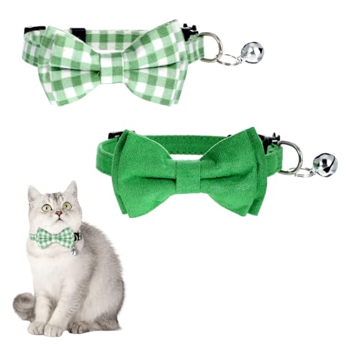 Katze Halsband 2 Set, Hund Fliege Grüne Fliege Katzenhalsband mit Glocke, Sicherheitsverschluss Fliegen für Katzen, 20-30 cm Verstellbares Kätzchen...