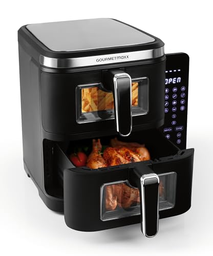GOURMETmaxx FryUp Friteuse à air chaud verticale à double chambre XXL | Friteuse sans huile avec fenêtres transparentes & écran tactile rabattable | AirFryer 2 chambres – volume total 10 L