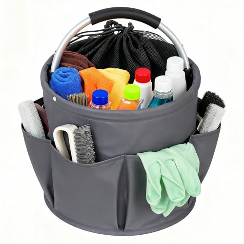 Faltbare Putzmittel Organizer - 28×28cm Putzmittel Aufbewahrung mit Griff und 6 Tasche, Putzkorb Tragbar, Putz Organizer Haushalt Gadgets, Putztasche für Innenbereich Garten Badezimmer Camping (Grau)