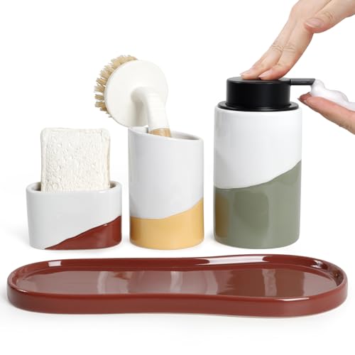 BosilunLife Kitchen Sink Caddy Set – 4-Piece Ceramic Foaming Soap Dispenser 12oz with Sponge & Utensil Holders on Drip Tray for Kitchen & Bathroom Countertop Organization, Foam Pump