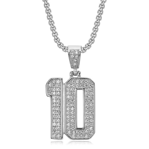 YOHAX Hip hop Jewelry Hip hop Necklace Stainless Steel Vacuum Gold Plated Set Number 10 chain Pendant Necklace Hip hop Men's and Women's Chain (silvery)