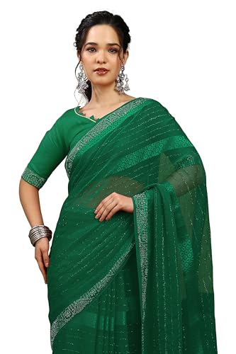 Image of MIRCHI FASHION Saree for Woman Georgette Solid with Satin Stripes | Stone Border Farewell and Ceremonial Sari with Blouse Piece