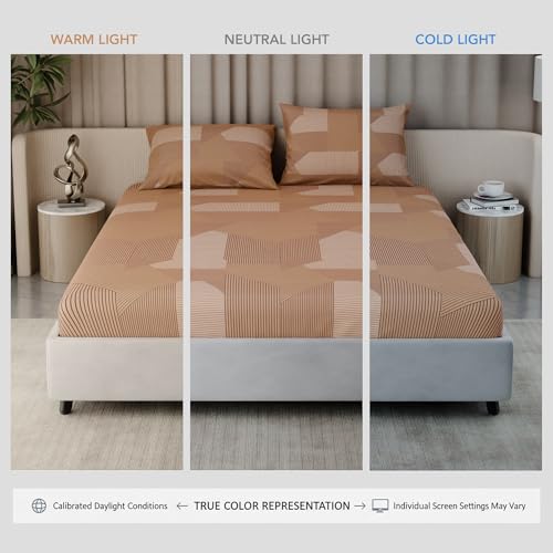 Image of BLISSHOME Everlast 150TC King Size Fitted Bedsheet with 2 Pillow Covers, Aesthetic Bedding, Wrinkle Resistant, 100+ Wash Durable, Quick Dry, Geometric Pattern - Gold (183cm x 198cm + 25cm Drop)